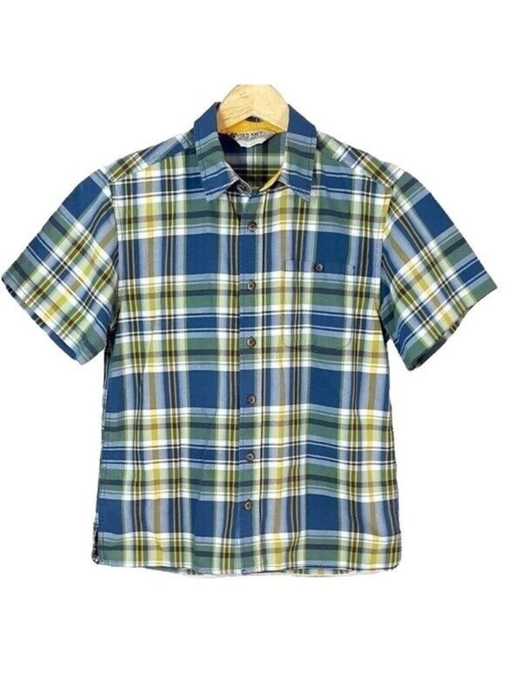 Old Navy Boys Plaid Button Up Shirt Green Blue Large Collar Pocket Short Sleeve